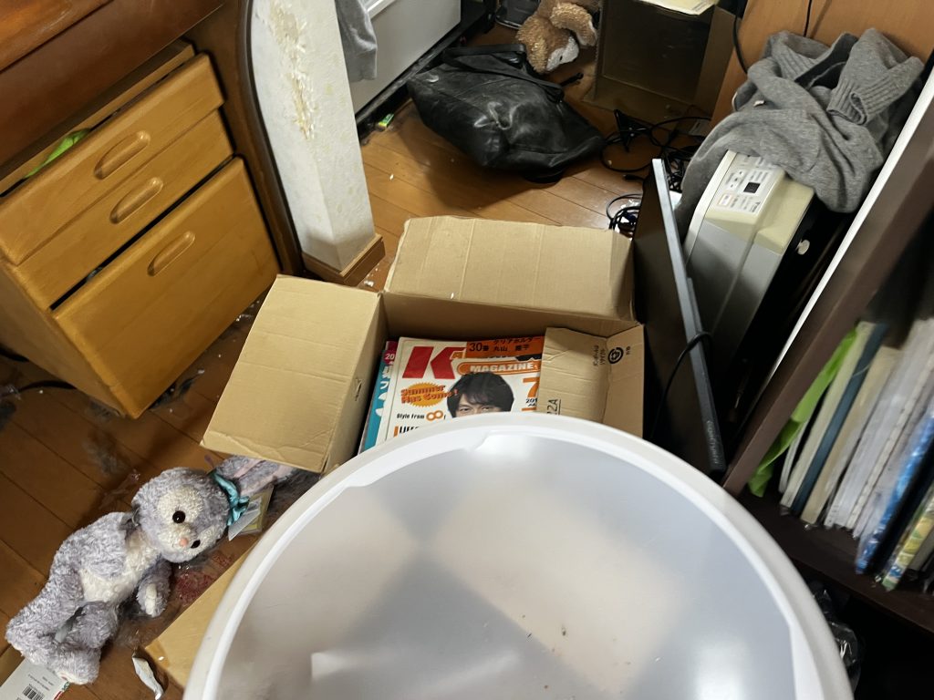 散乱した雑誌と段ボール。片付け前の洋室のクローズアップ。