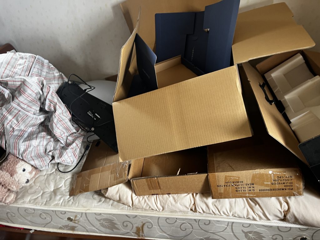 ベッド横の床に散乱する雑誌とゴミ。片付け前の洋室